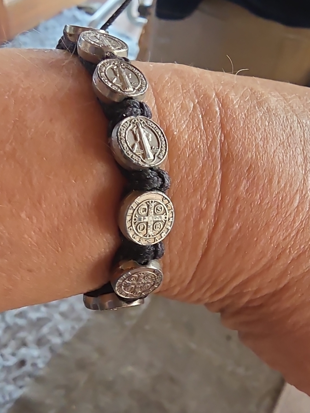 Unisex Black Cord Macrame Bracelet with Silver Saint Benedict Metals  Medallions